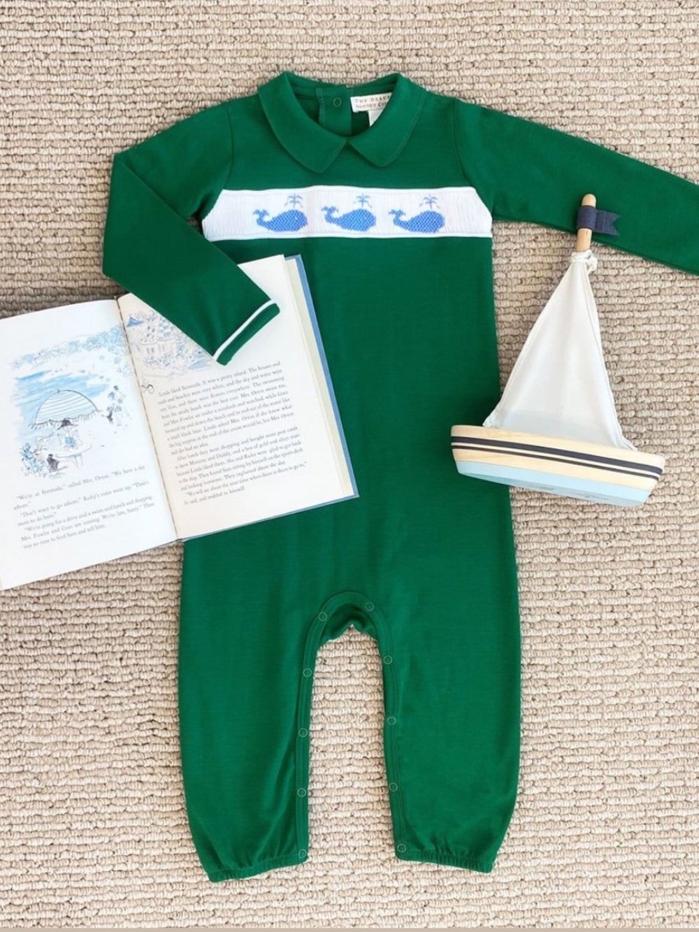 TBBC Rigsby Romper, Kiawah Kelly Green with Barbados Blue Whale Smocking, 18-24M
